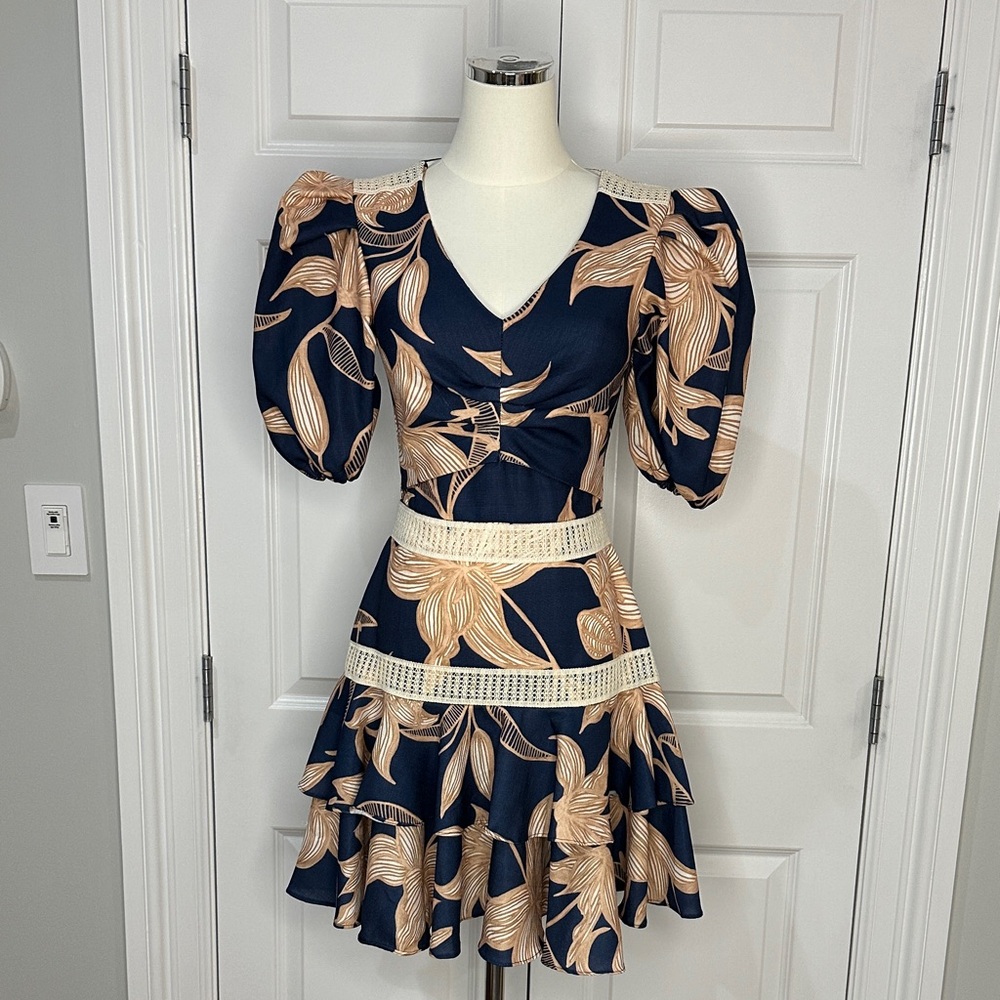 PatBO Navy Tan Floral Puff Sleeve Ruffle Lace Trim Boho Chic Mini Dress Size 2